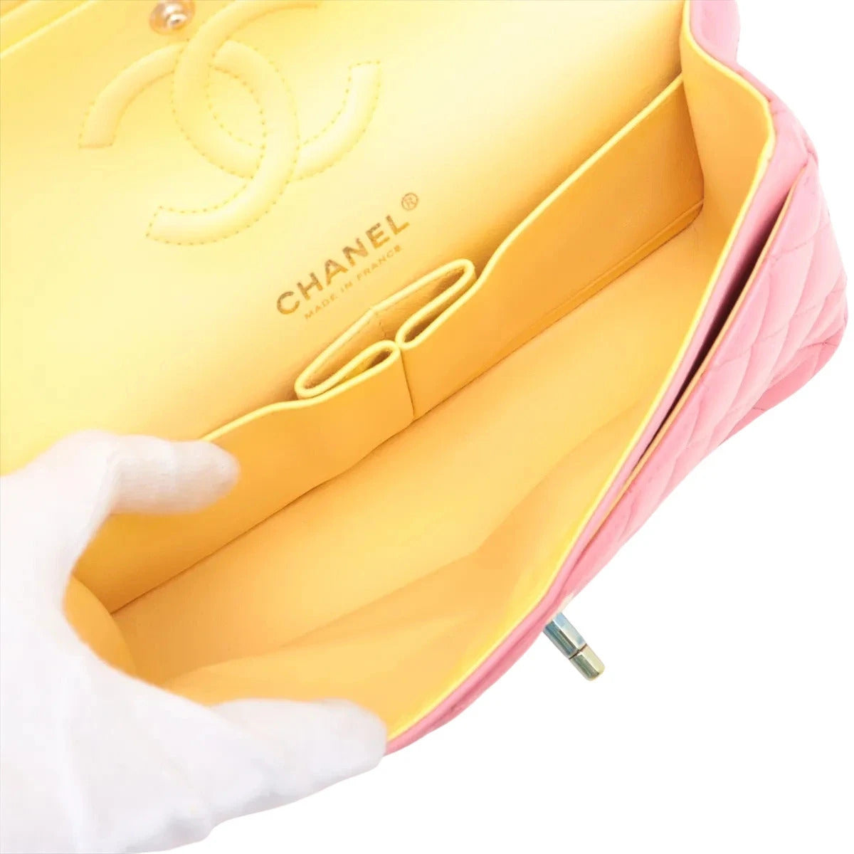 Pre-Loved Classic Double Flap Shoulder Bag Quilted Leather Small with Rainbow Iridescent Hardware, Pink