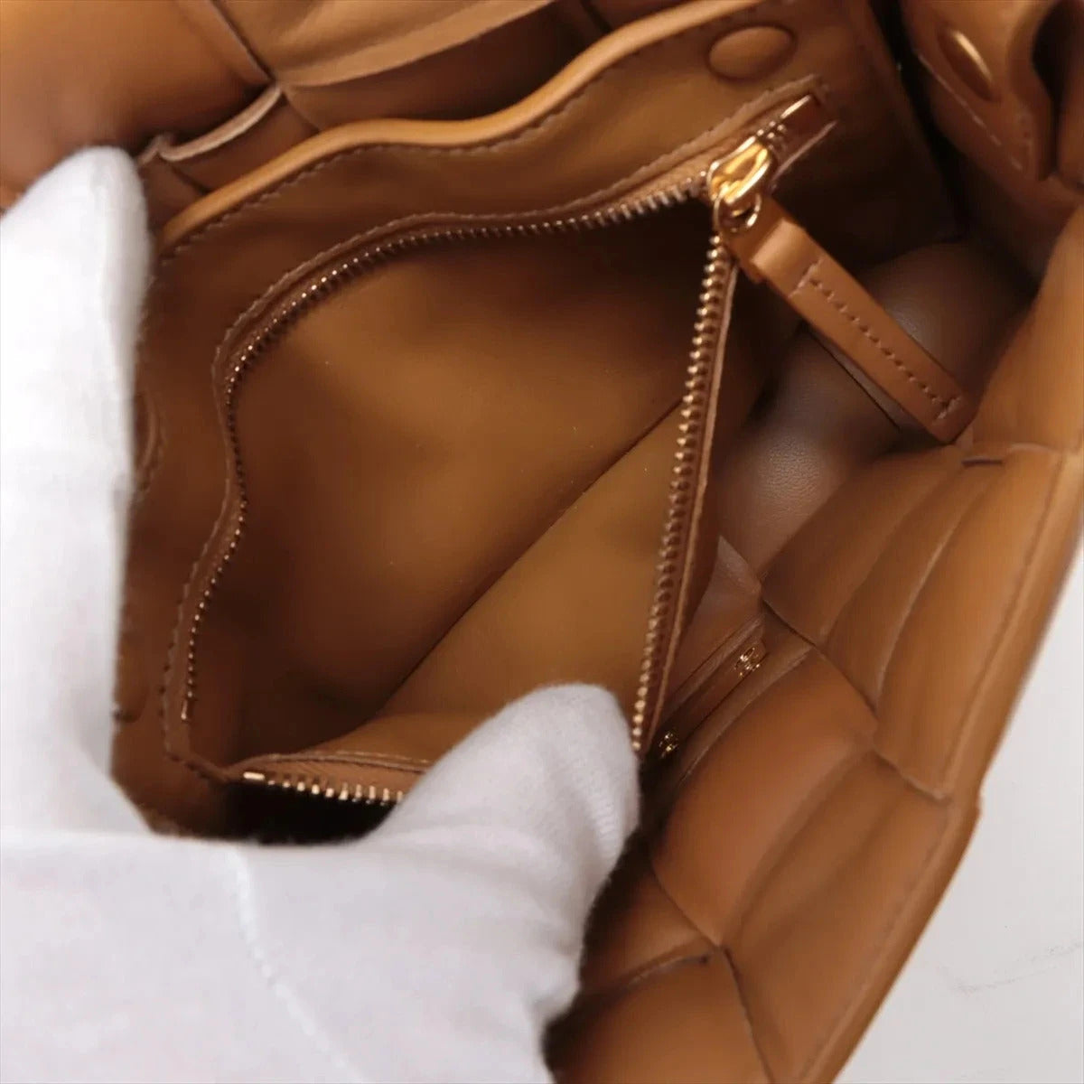 Pre-Loved Padded Cassette Crossbody Bag Intrecciato Leather Small with Gold Hardware, Tan