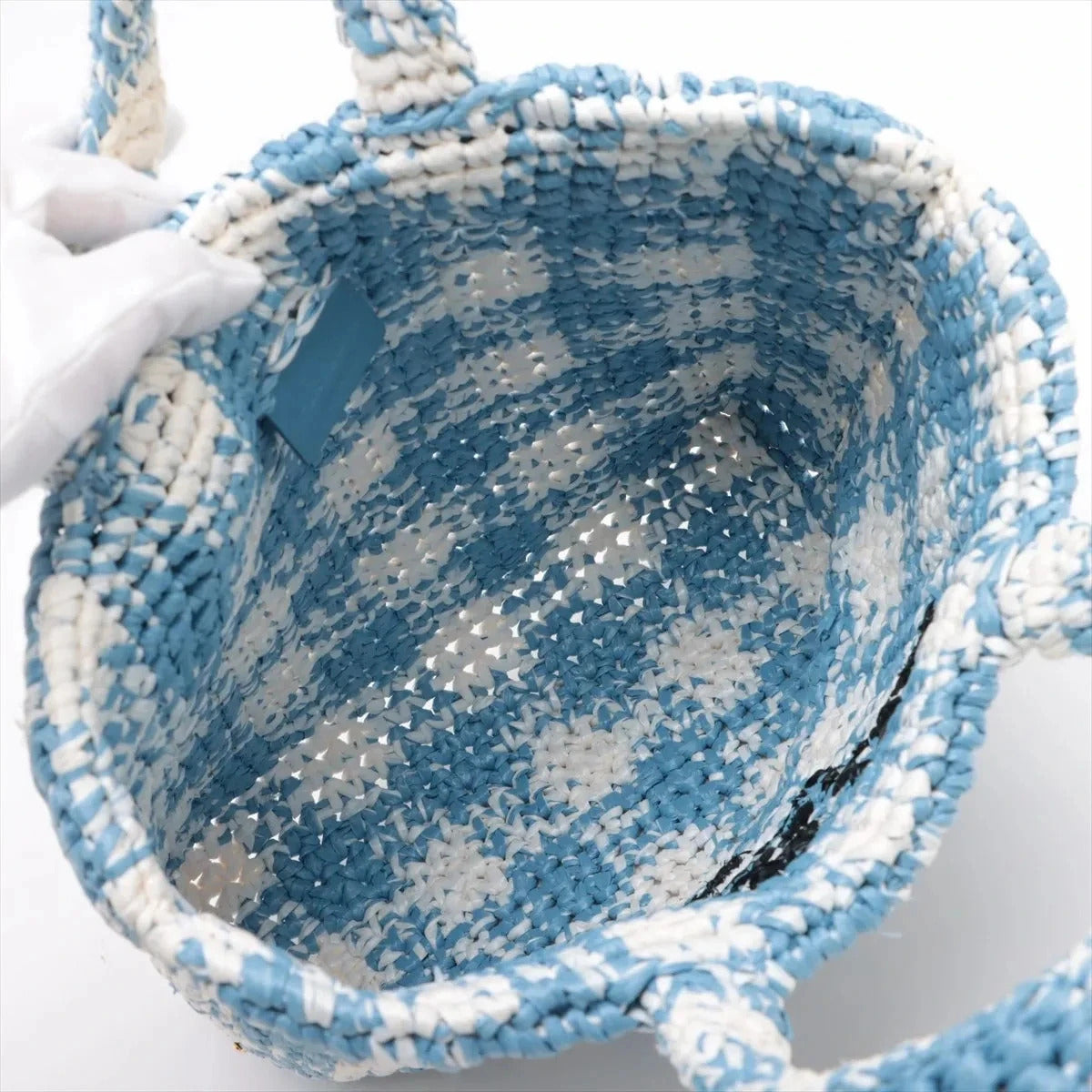 Pre-Loved Crochet Raffia Logo Tote Gingham Raffia Small with Gold Hardware, Light Blue and White