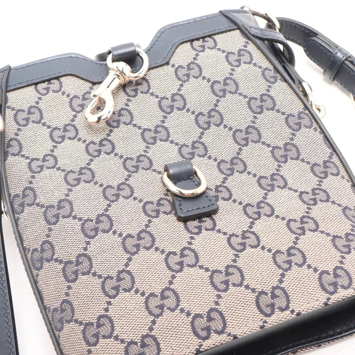 Pre-Loved GG Canvas Bucket Bag Crossbody Bag GG Monogram Coated Canvas Mini with Gold Hardware, Navy / Beige