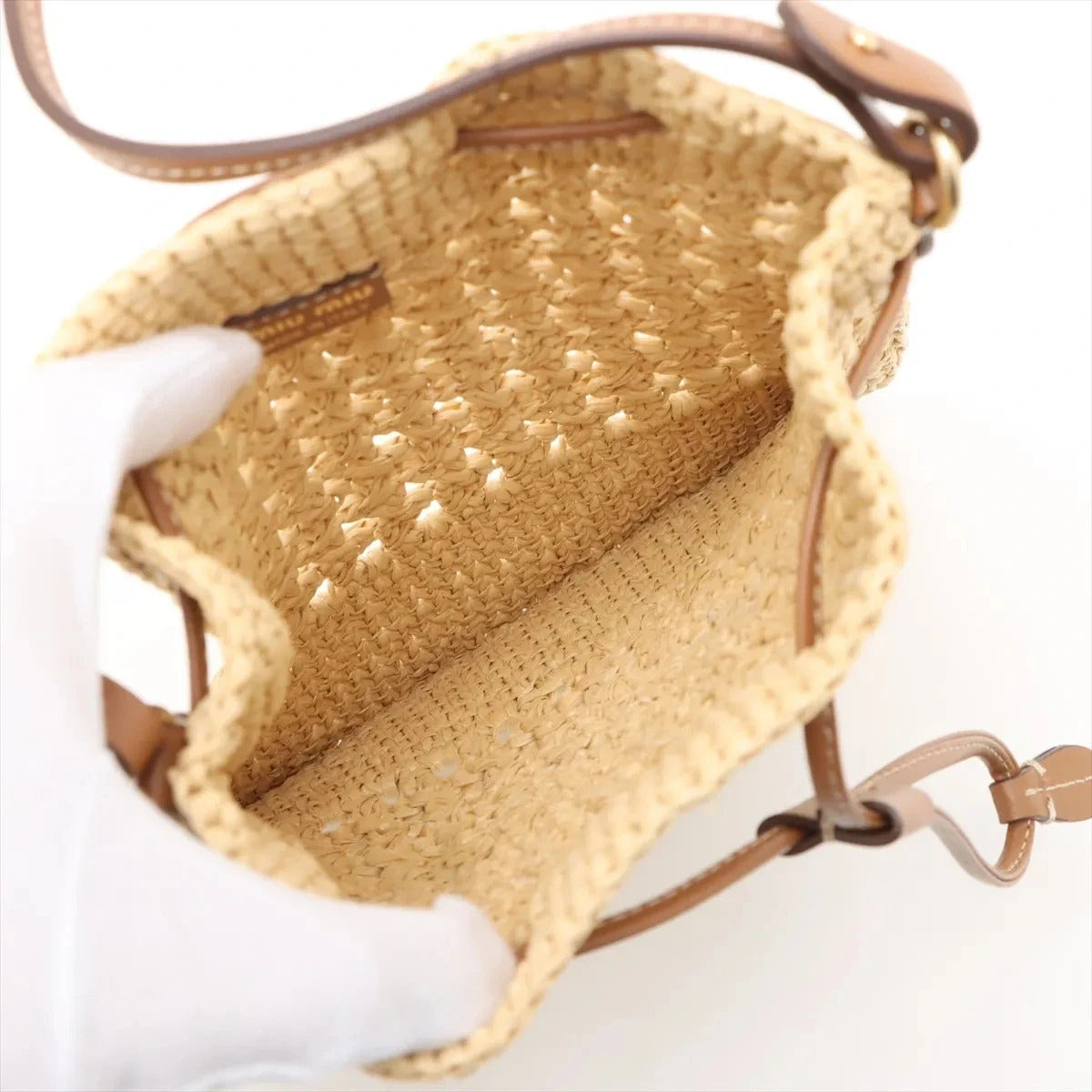 Pre-Loved Drawstring Bucket Bag Crochet Raffia with Gold Hardware, Natural Beige