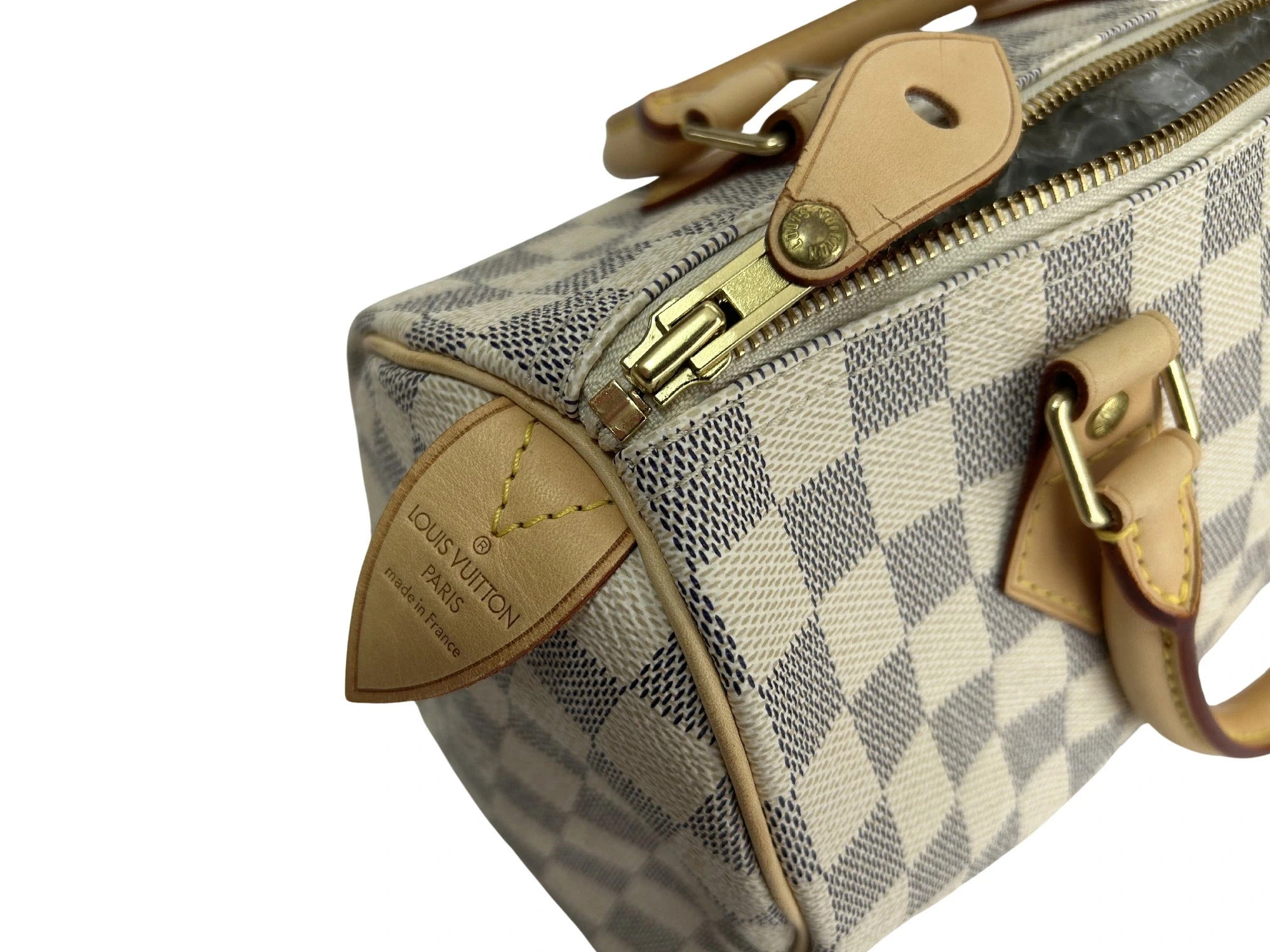 Pre-Loved Speedy Handbag Damier Azur Coated Canvas 25 with Gold Hardware, Cream