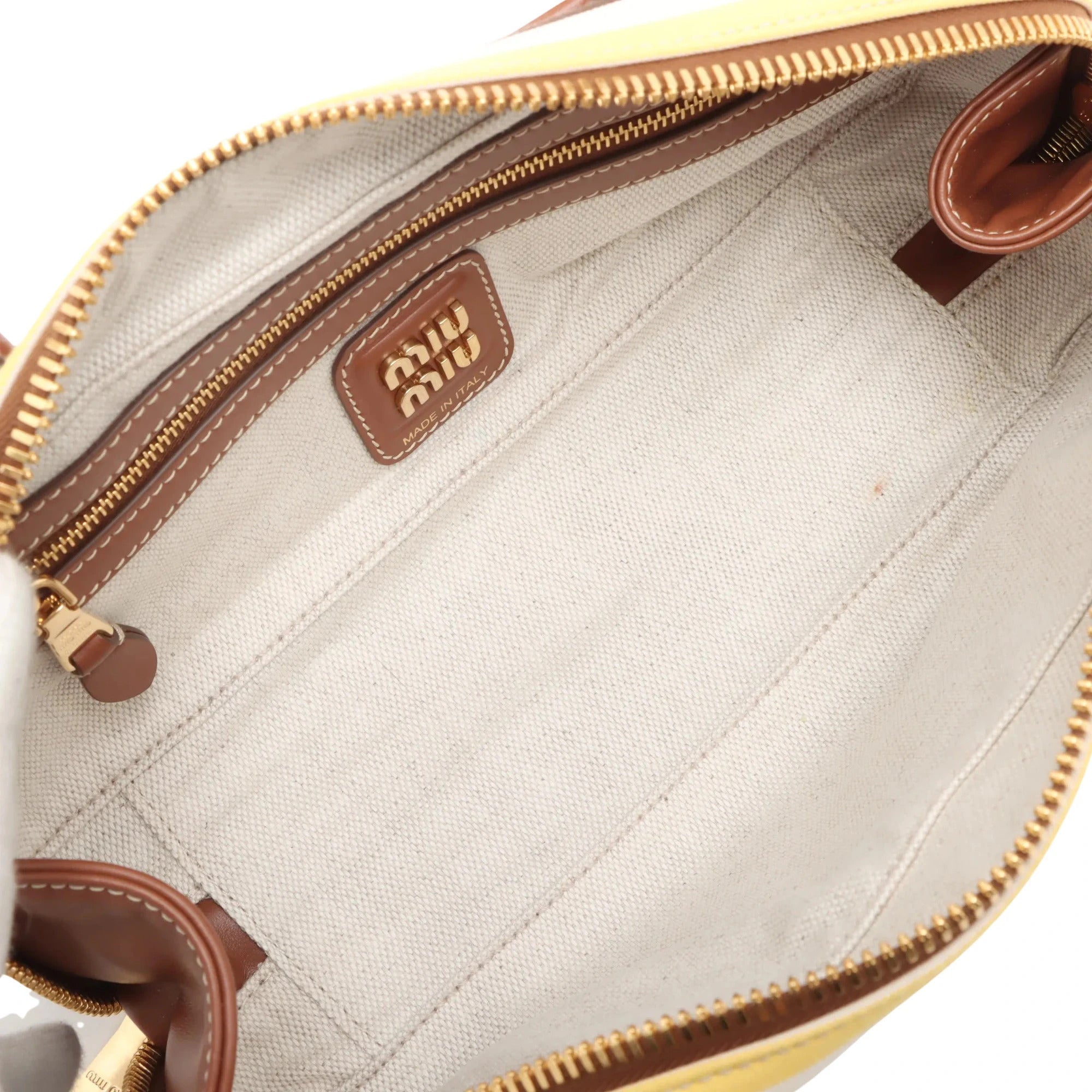 Pre-Loved Bowling Bag Handbag Striped Canvas Small with Gold Hardware, Beige Multicolor