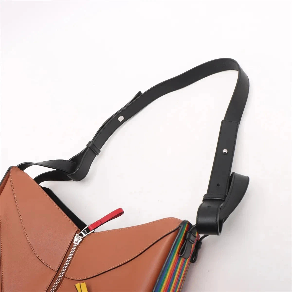 Pre-Loved Hammock Shoulder Bag Striped Leather Medium with Silver Hardware, Tan with Rainbow Multicolor