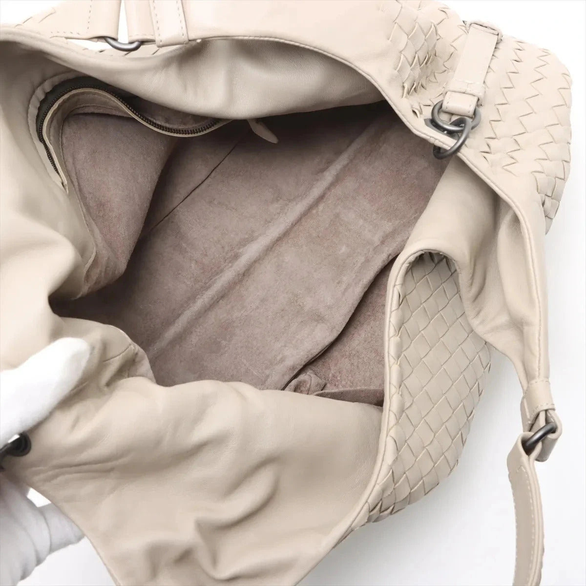 Pre-Loved Campana Shoulder Bag Intrecciato Leather with Gunmetal Hardware, Beige