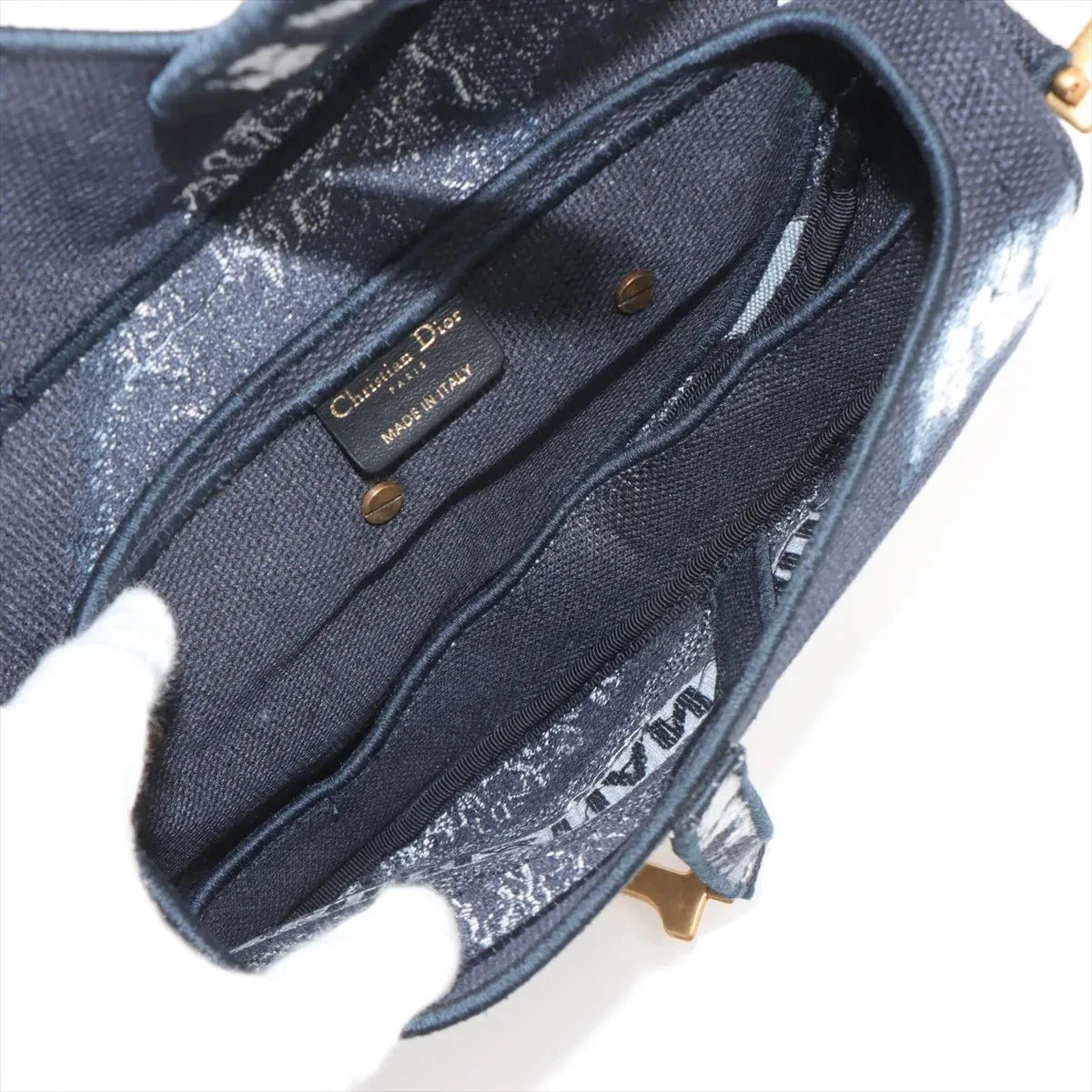 Pre-Loved Saddle Shoulder Bag Toile de Jouy Canvas Mini with Aged Gold Hardware, Navy Blue / White
