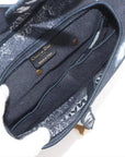 Pre-Loved Saddle Shoulder Bag Toile de Jouy Canvas Mini with Aged Gold Hardware, Navy Blue / White