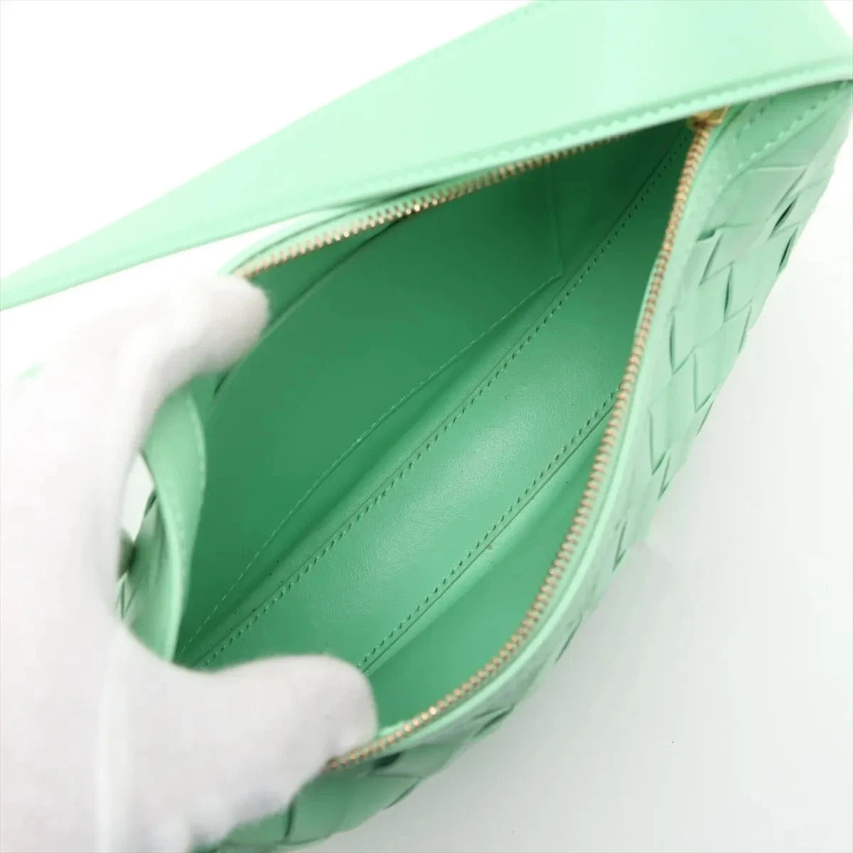 Pre-Loved Sunrise Shoulder Bag Intrecciato Leather Small with Gold Hardware, Mint Green