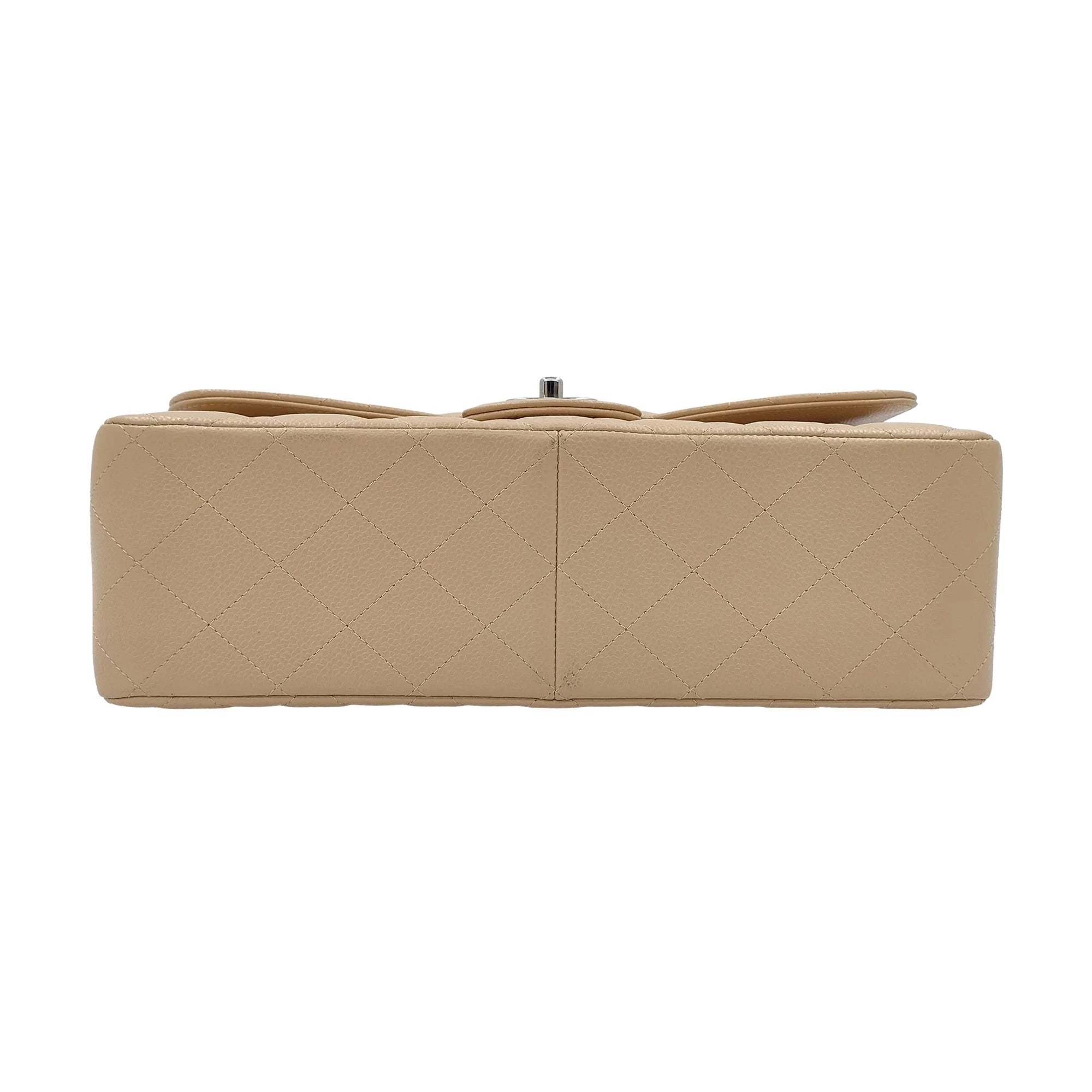 Pre-Loved Classic Double Flap Shoulder Bag Quilted Leather Jumbo with Silver Hardware, Beige