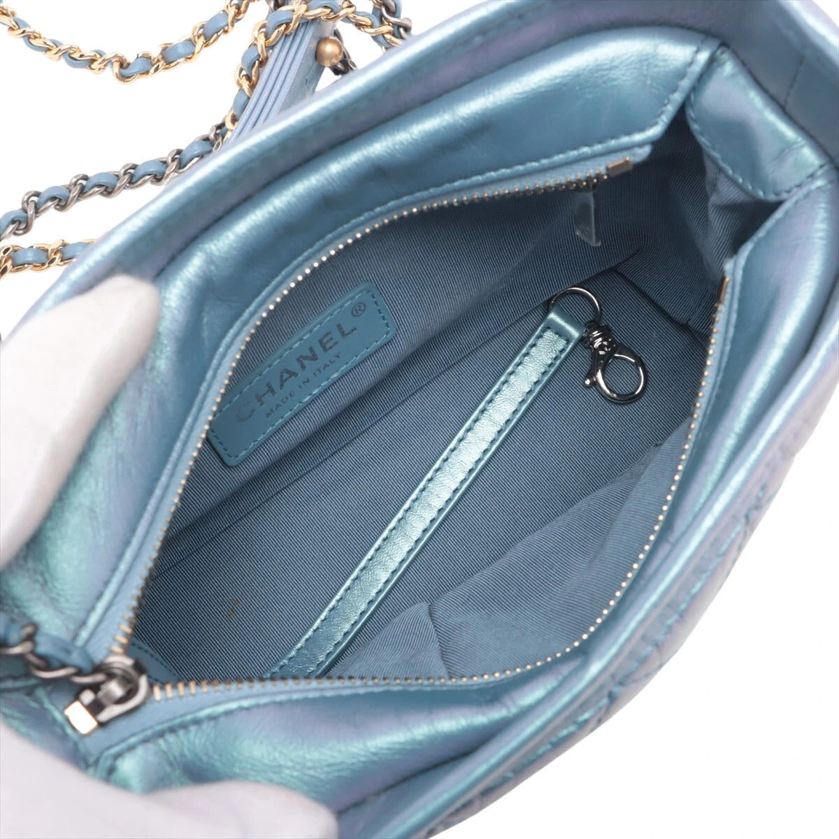 Pre-Loved Gabrielle Shoulder Bag Quilted Leather Small with Mixed Gold and Silver Hardware, Iridescent Blue