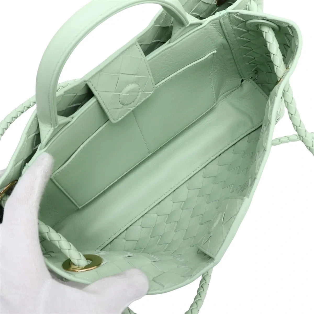 Pre-Loved Andiamo Tote Intrecciato Leather Small with Gold Hardware, Mint Green