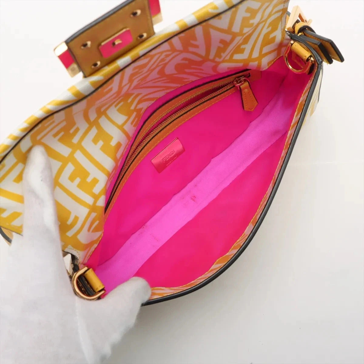 Pre-Loved Baguette Shoulder Bag FF Vertigo Coated Canvas with Gold Hardware, Yellow and White