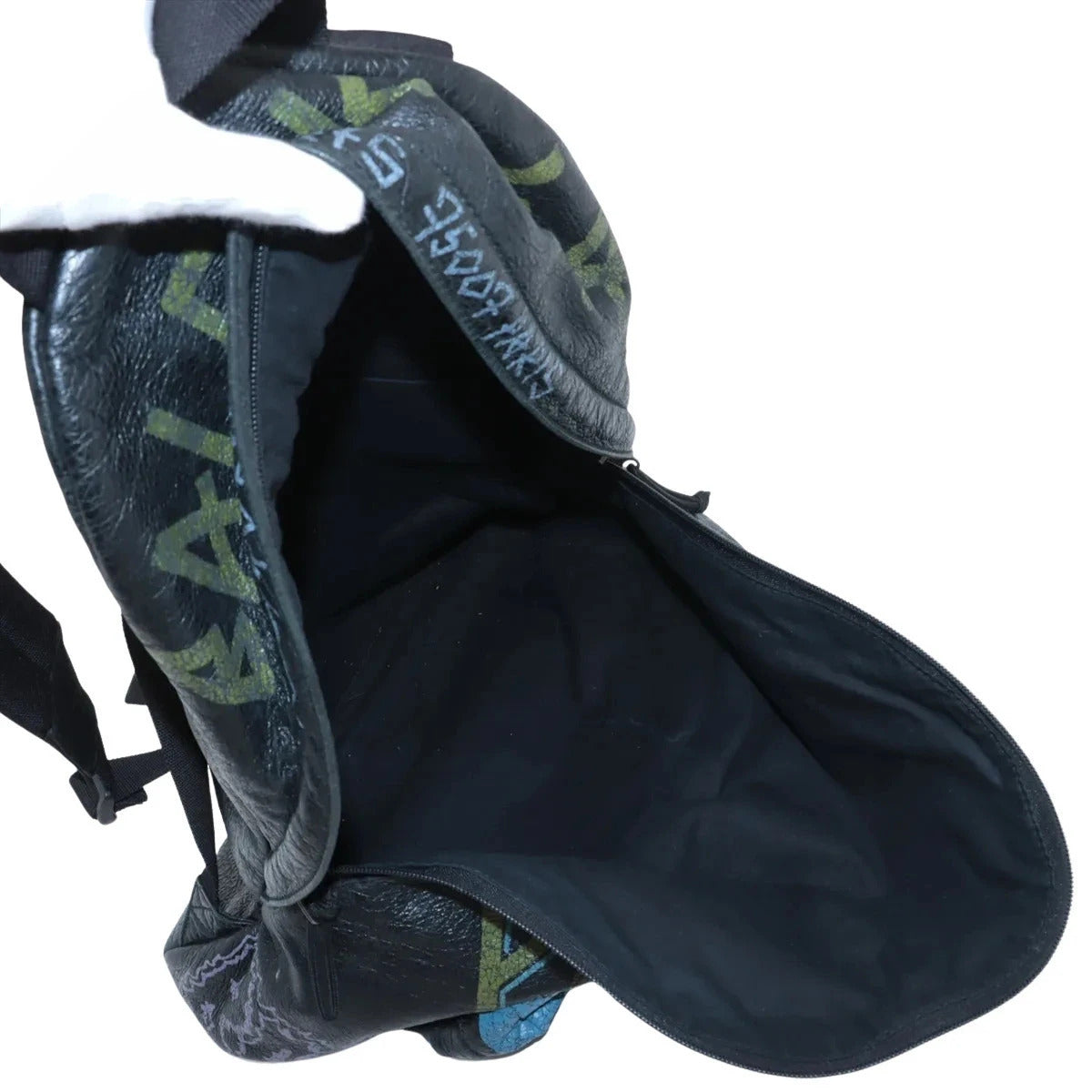 Pre-Loved Explorer Graffiti Backpack Graffiti Leather with Silver Hardware, Black