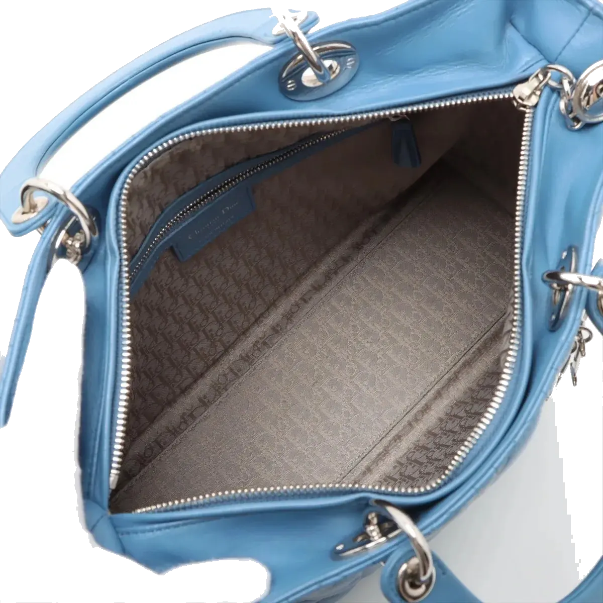 Pre-Loved Lady Dior Handbag Cannage Leather Large with Silver Hardware, Blue