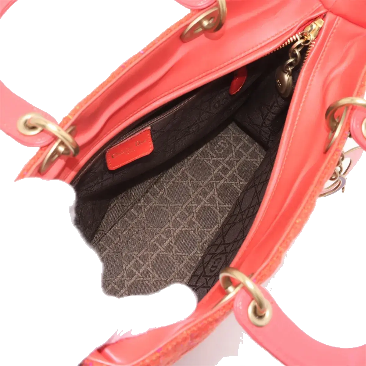 Pre-Loved Lady Dior Handbag Cannage Tweed Large with Gold Hardware, Red