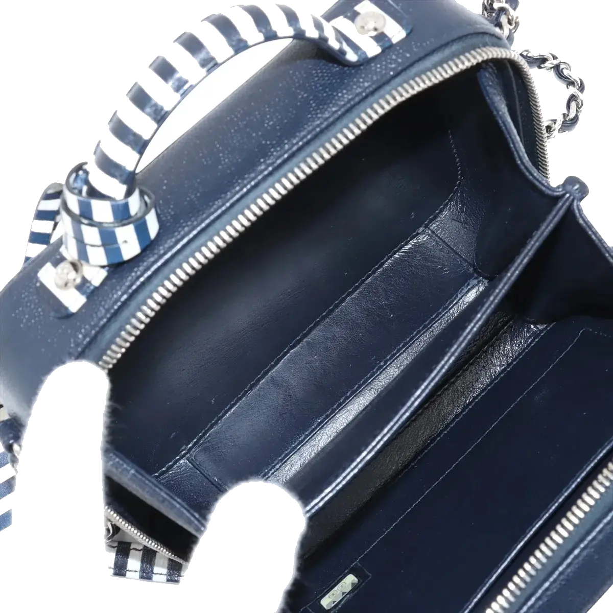 Pre-Loved CC Filigree Vanity Case Vanity Case Quilted Leather Small with Silver Hardware, Navy Blue with White Striped Trim