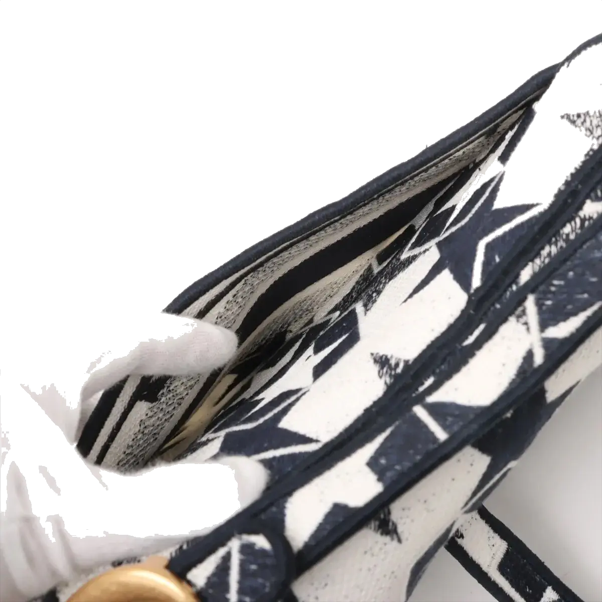 Pre-Loved Saddle Shoulder Bag Star Canvas Medium with Aged Gold Hardware, Navy and White