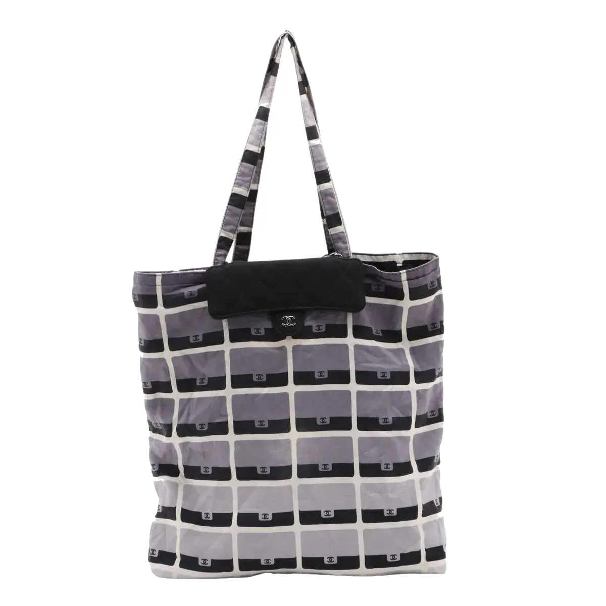 Pre-Loved Quilted Flap Bag with Foldable Tote Crossbody Bag Quilted Canvas Mini with Silver Hardware, Black