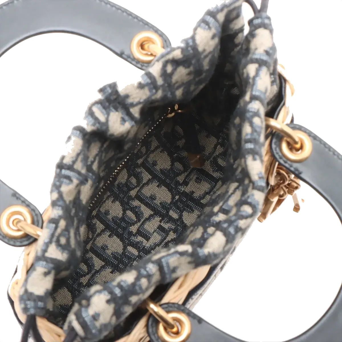 Pre-Loved Lady Dior Wicker Handbag Wicker Oblique Medium with Aged Gold Hardware, Natural / Navy
