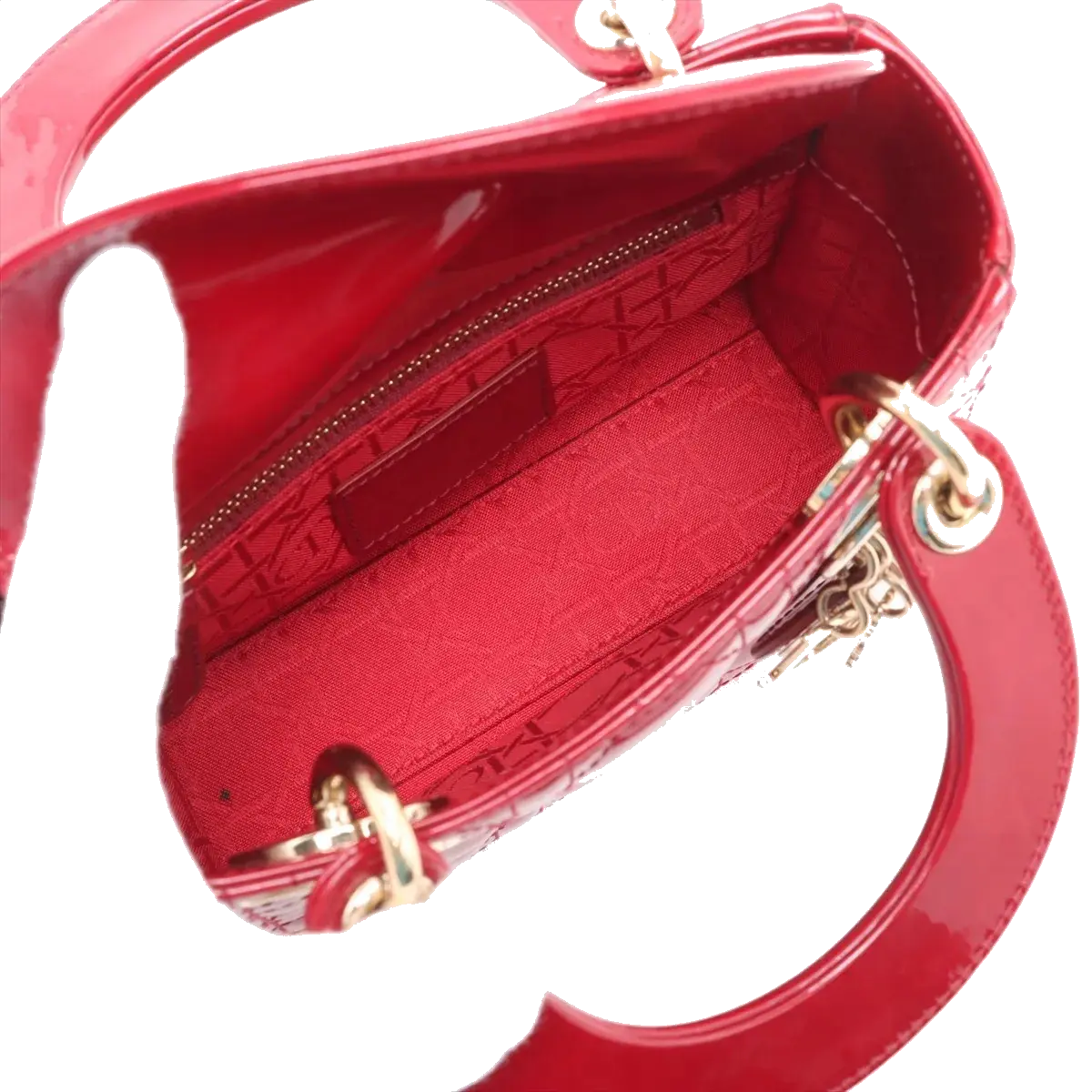 Pre-Loved Lady Dior Handbag Cannage Patent Leather Mini with Gold Hardware, Red