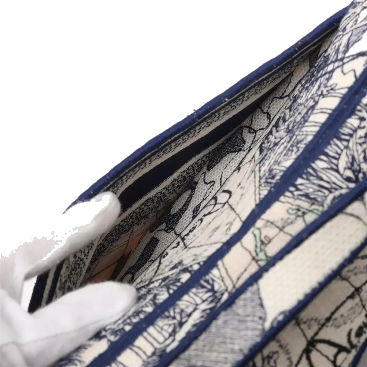 Pre-Loved Saddle Shoulder Bag Toile de Jouy Canvas Medium with Aged Gold Hardware, Beige and Blue