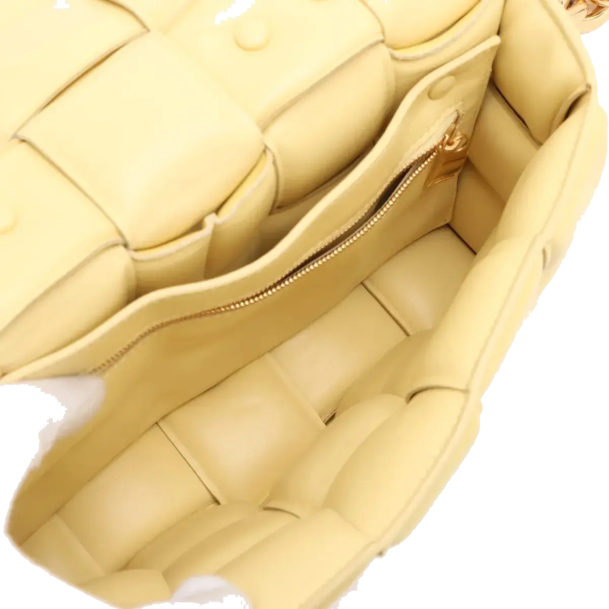 Pre-Loved Chain Cassette Shoulder Bag Intrecciato Leather with Gold Hardware, Pale Yellow