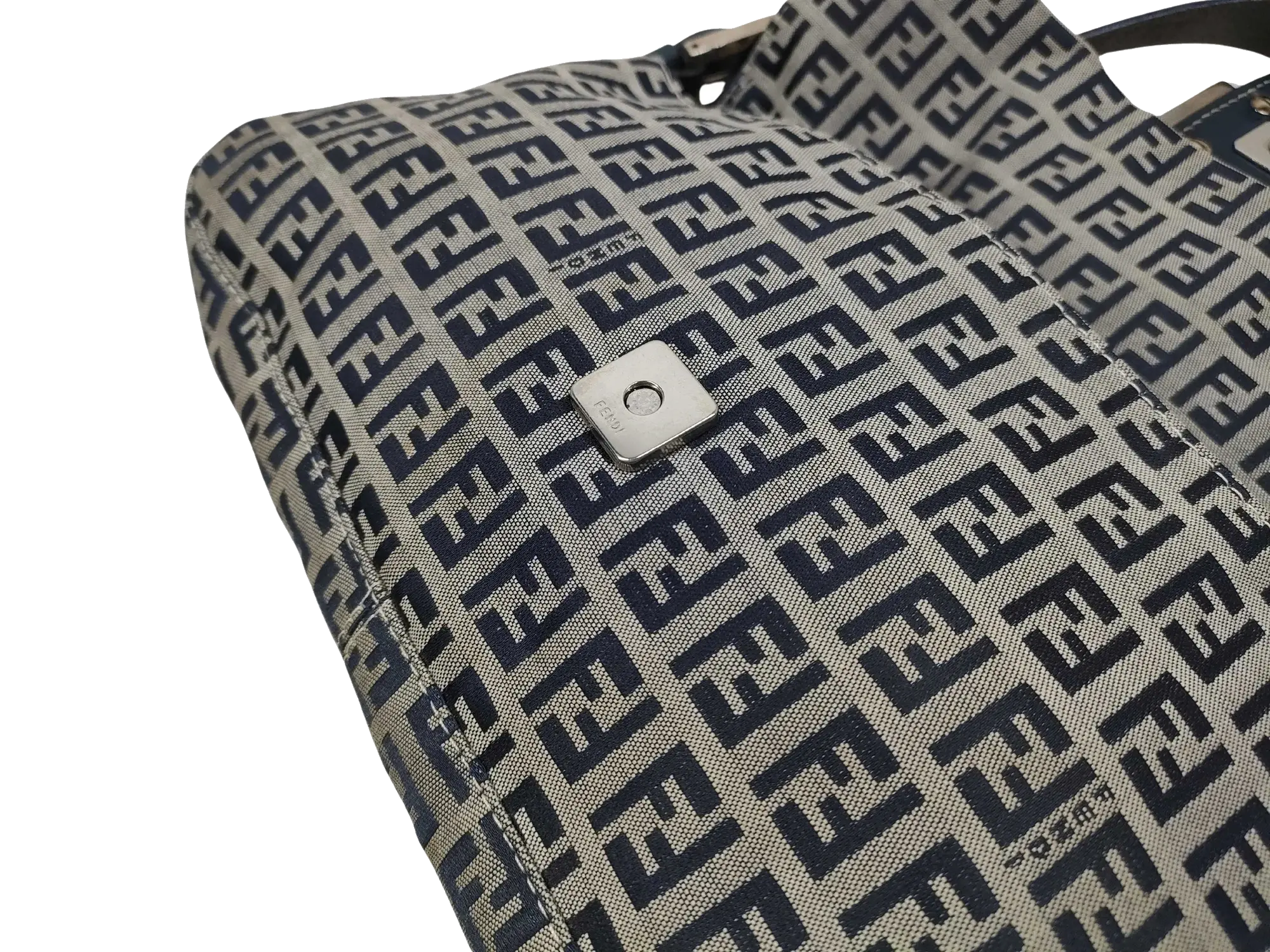 Pre-Loved Mamma Baguette Shoulder Bag Zucchino Canvas Coated with Silver Hardware, Navy and Grey