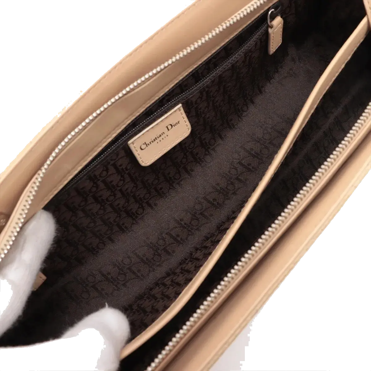 Pre-Loved Lady Dior East West Handbag Cannage Suede with Silver Hardware, Beige