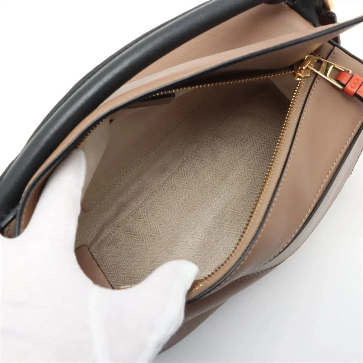 Pre-Loved Puzzle Handbag Leather Small with Gold Hardware, Taupe/Orange/Black