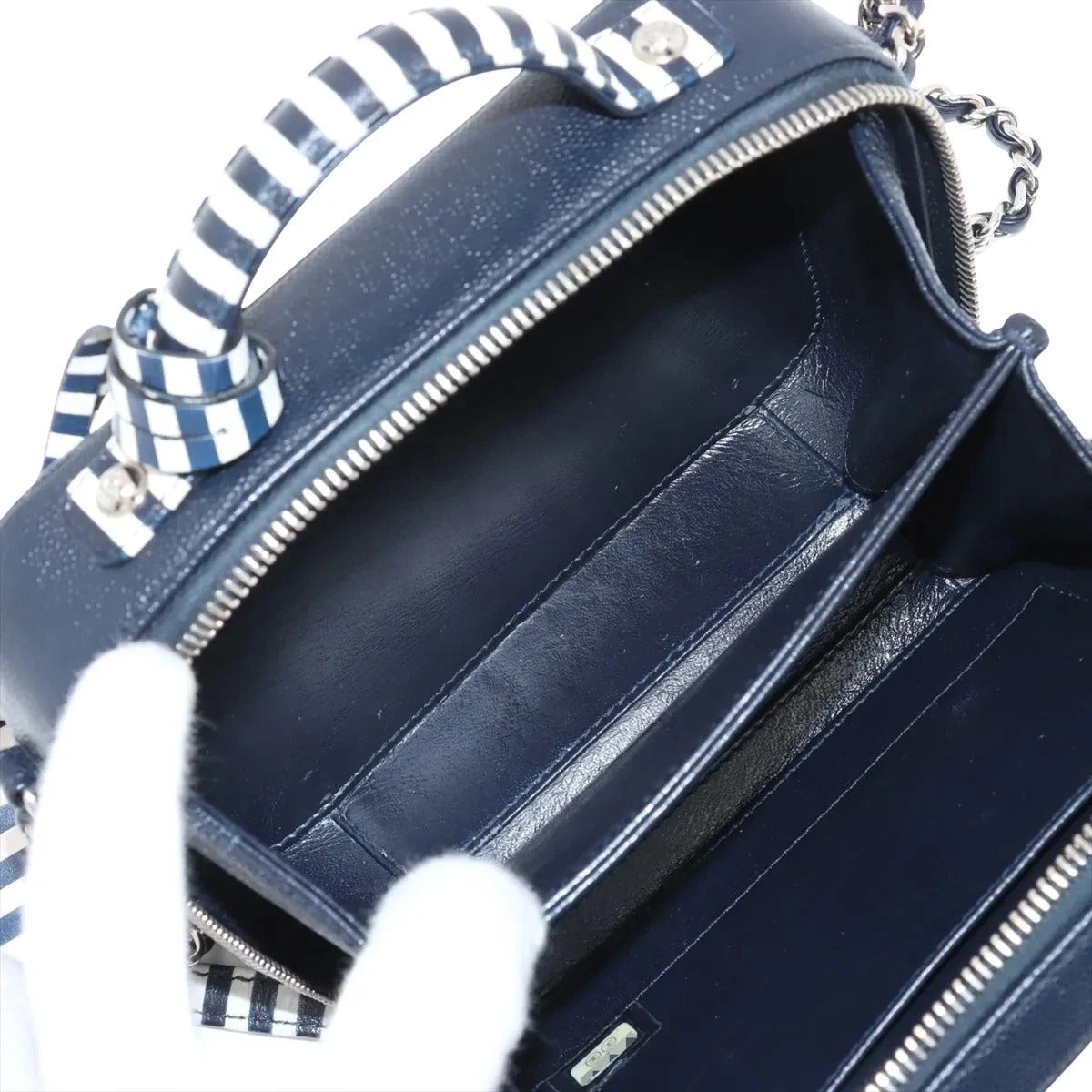 Pre-Loved CC Filigree Vanity Case Vanity Case Quilted Leather Small with Silver Hardware, Navy Blue with White Striped Trim