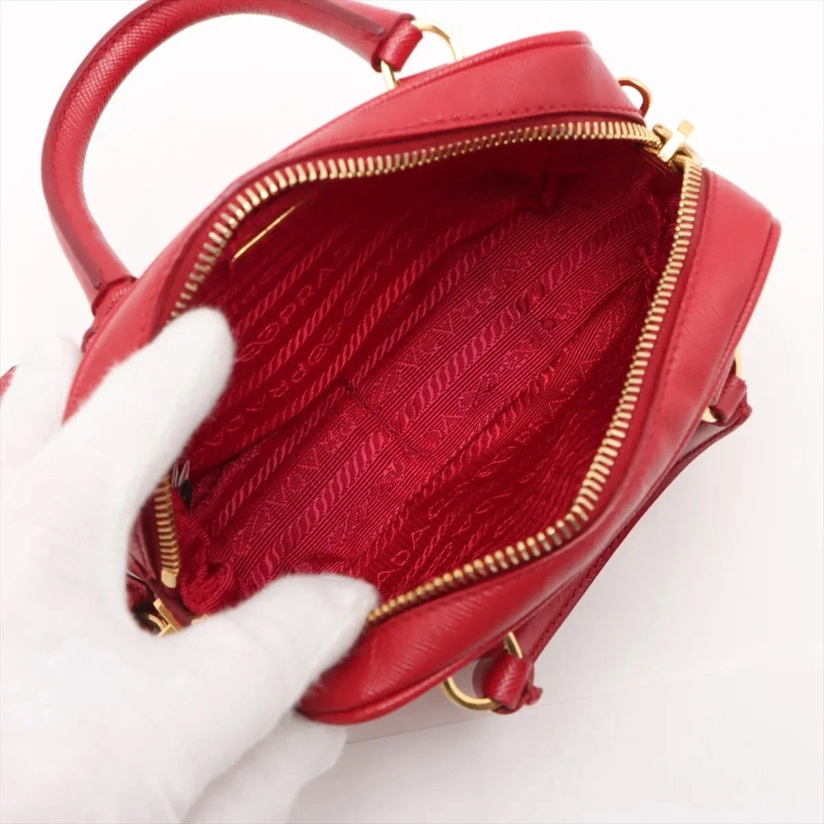 Pre-Loved Saffiano Mini Bauletto Handbag Leather Mini with Gold Hardware, Red