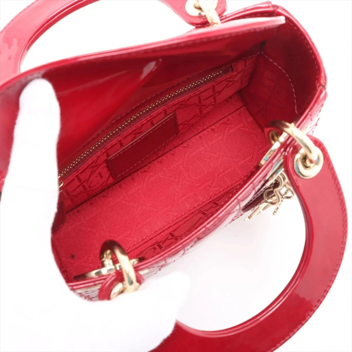 Pre-Loved Lady Dior Handbag Cannage Patent Leather Mini with Gold Hardware, Red
