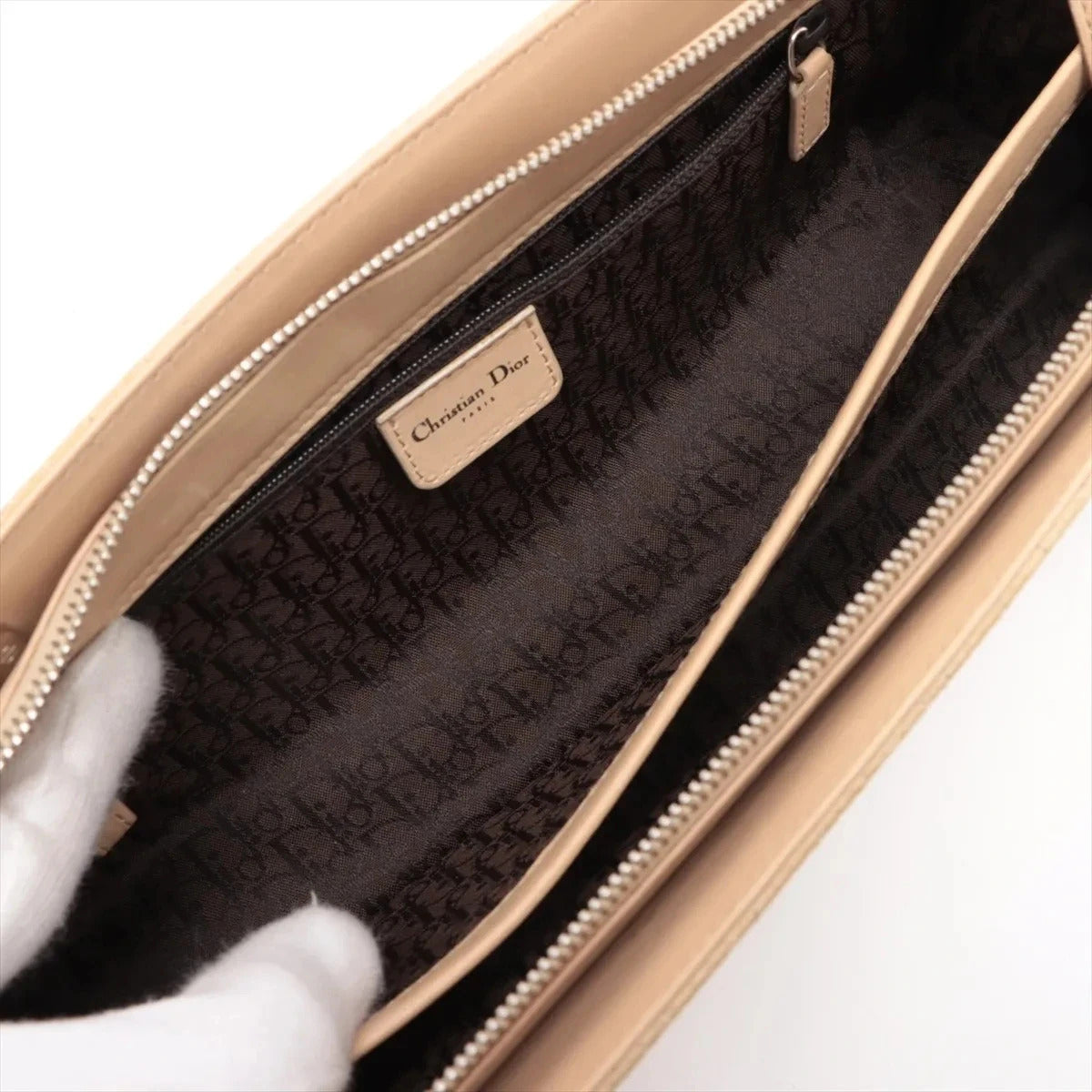 Pre-Loved Lady Dior East West Handbag Cannage Suede with Silver Hardware, Beige