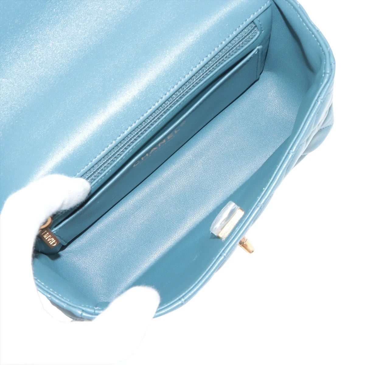 Pre-Loved Mini Flap Bag with Top Handle Handbag Quilted Leather Mini with Gold Hardware, Teal Blue