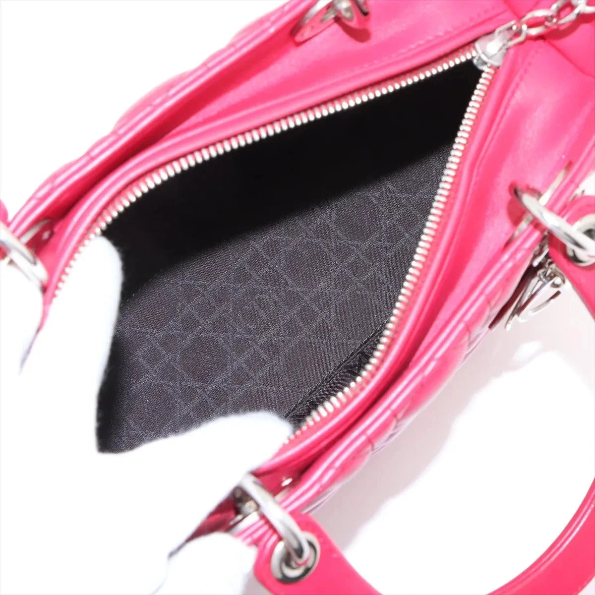 Pre-Loved Lady Dior Handbag Cannage Leather Medium with Silver Hardware, Red