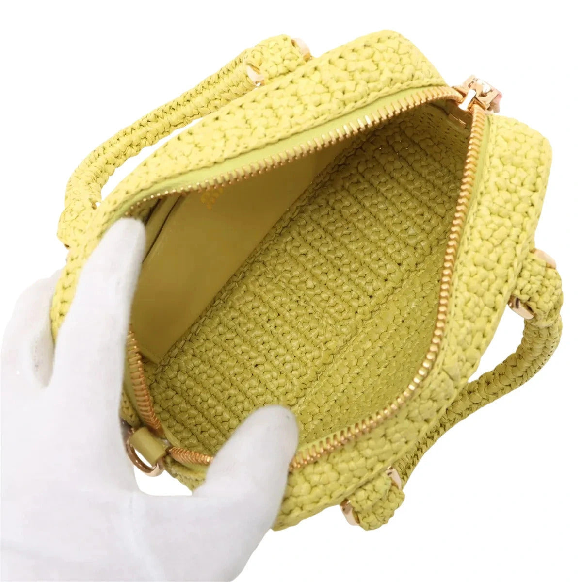 Pre-Loved Crochet Bauletto Handbag Raffia Crochet Mini with Gold Hardware, Yellow