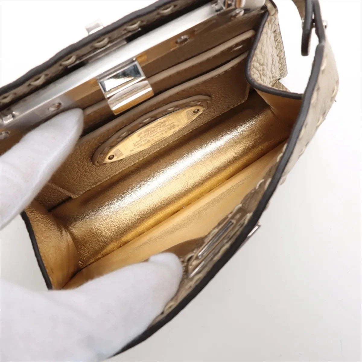 Pre-Loved Peekaboo Handbag Leather Mini with Silver Hardware, Gold