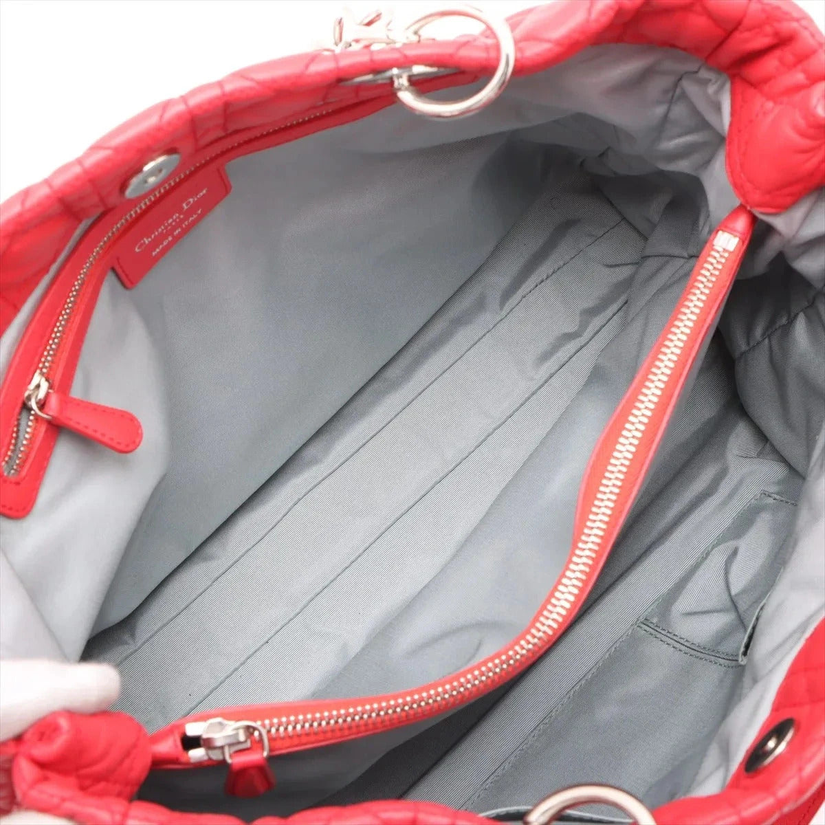 Pre-Loved Lady Dior Soft Shopping Tote Cannage Leather Large with Silver Hardware, Red