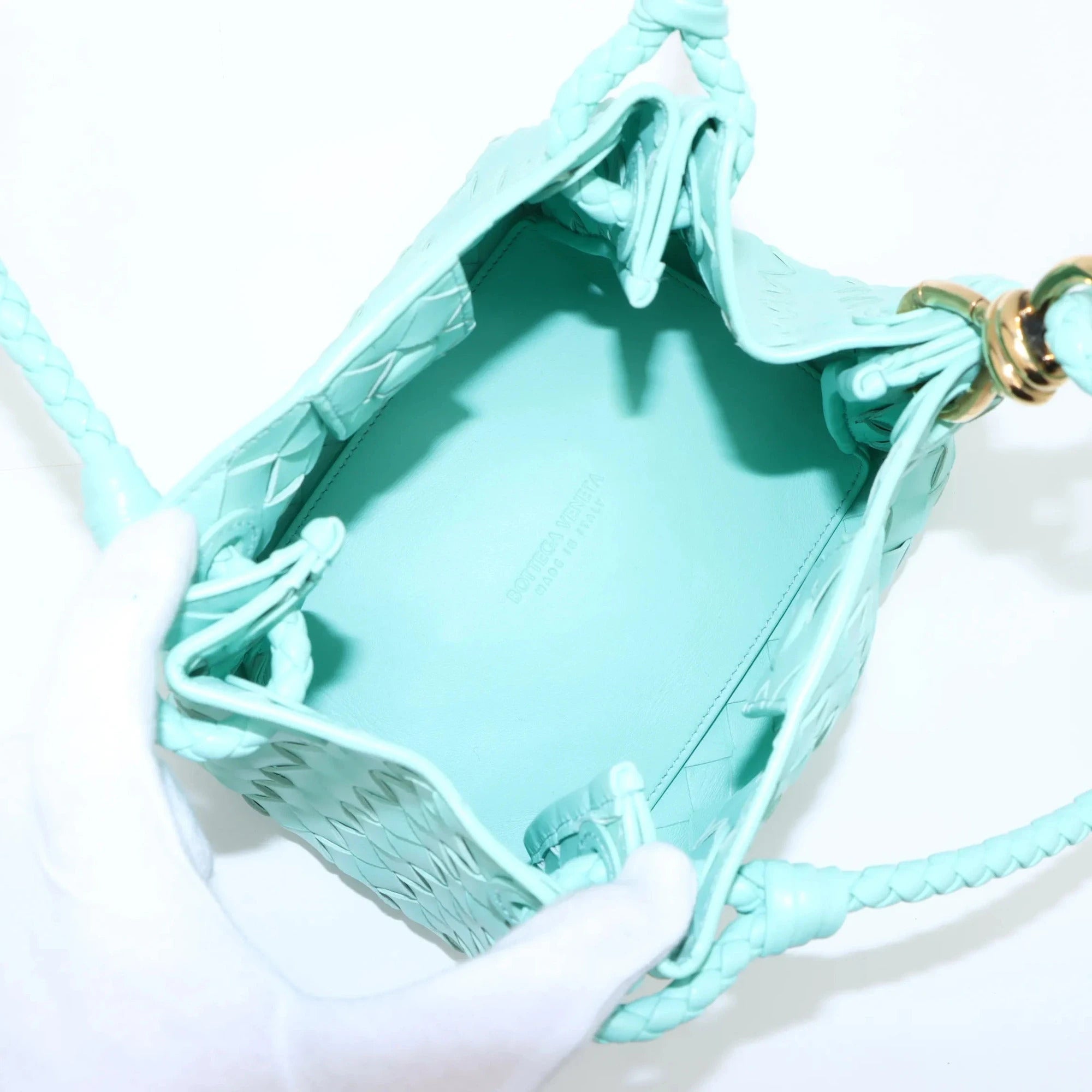 Pre-Loved Andiamo Shoulder Bag Intrecciato Leather Mini with Gold Hardware, Turquoise
