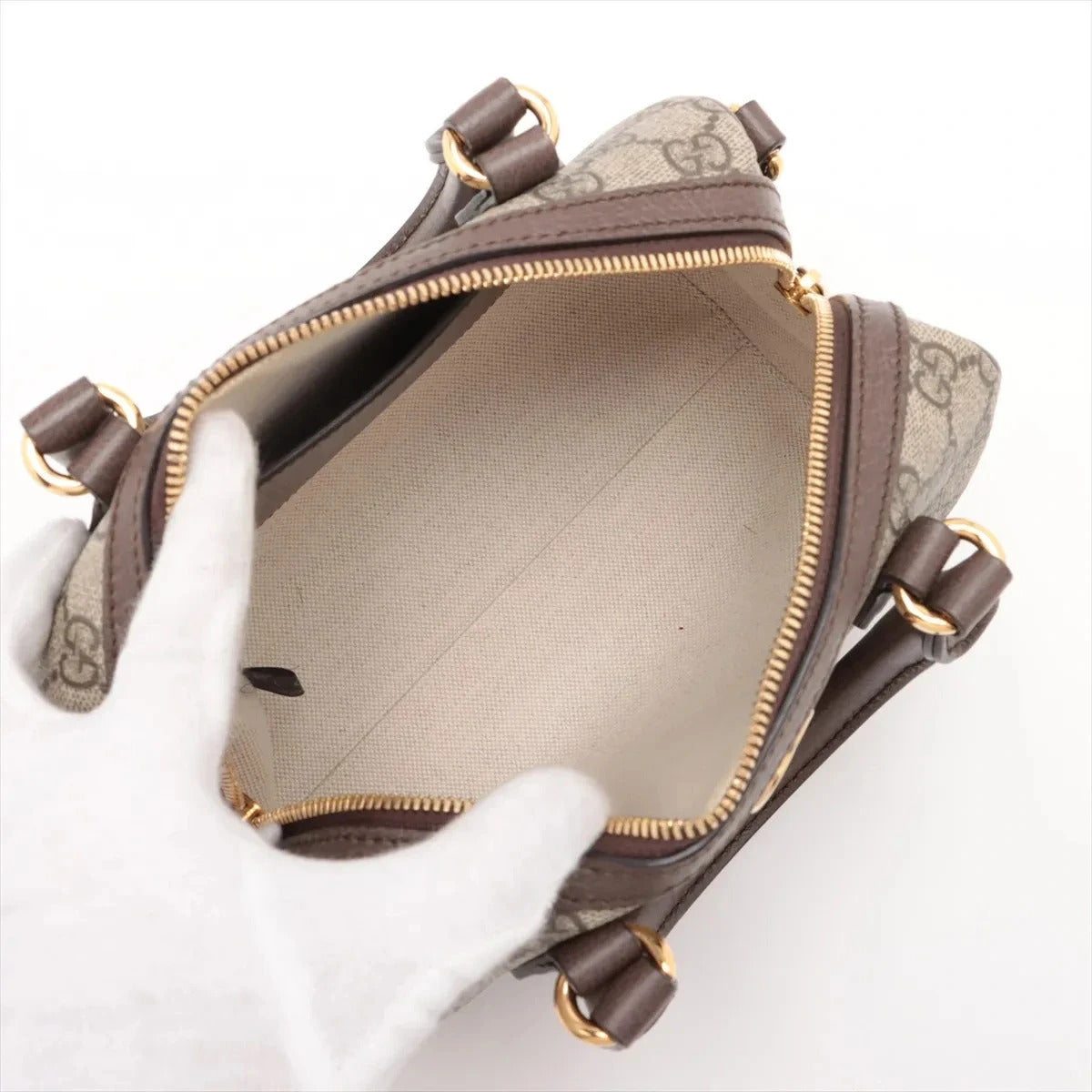 Pre-Loved Ophidia GG Mini Boston Handbag Monogram Coated Canvas Mini with Gold Hardware, Beige Ebony