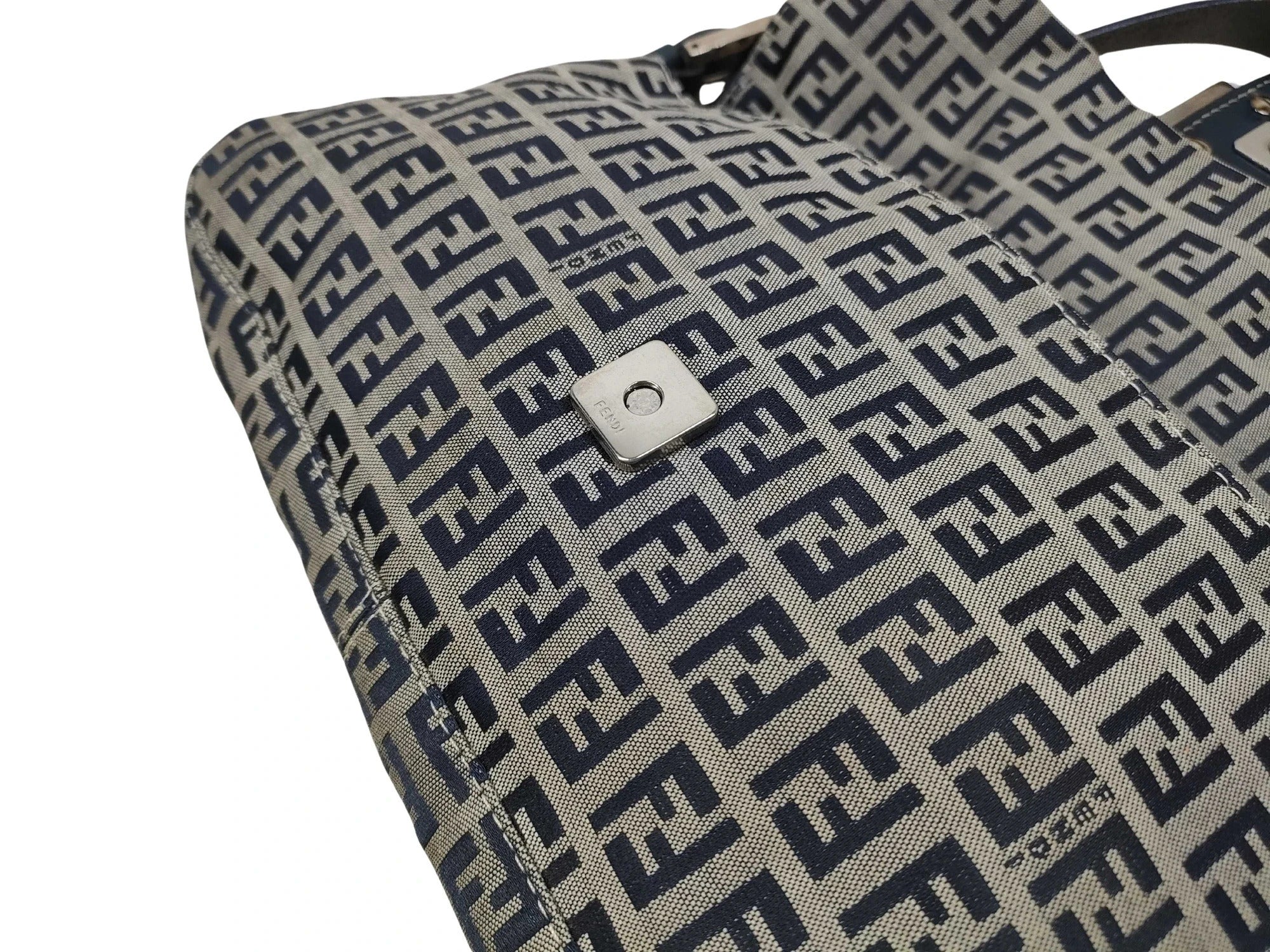 Pre-Loved Mamma Baguette Shoulder Bag Zucchino Canvas Coated with Silver Hardware, Navy and Grey