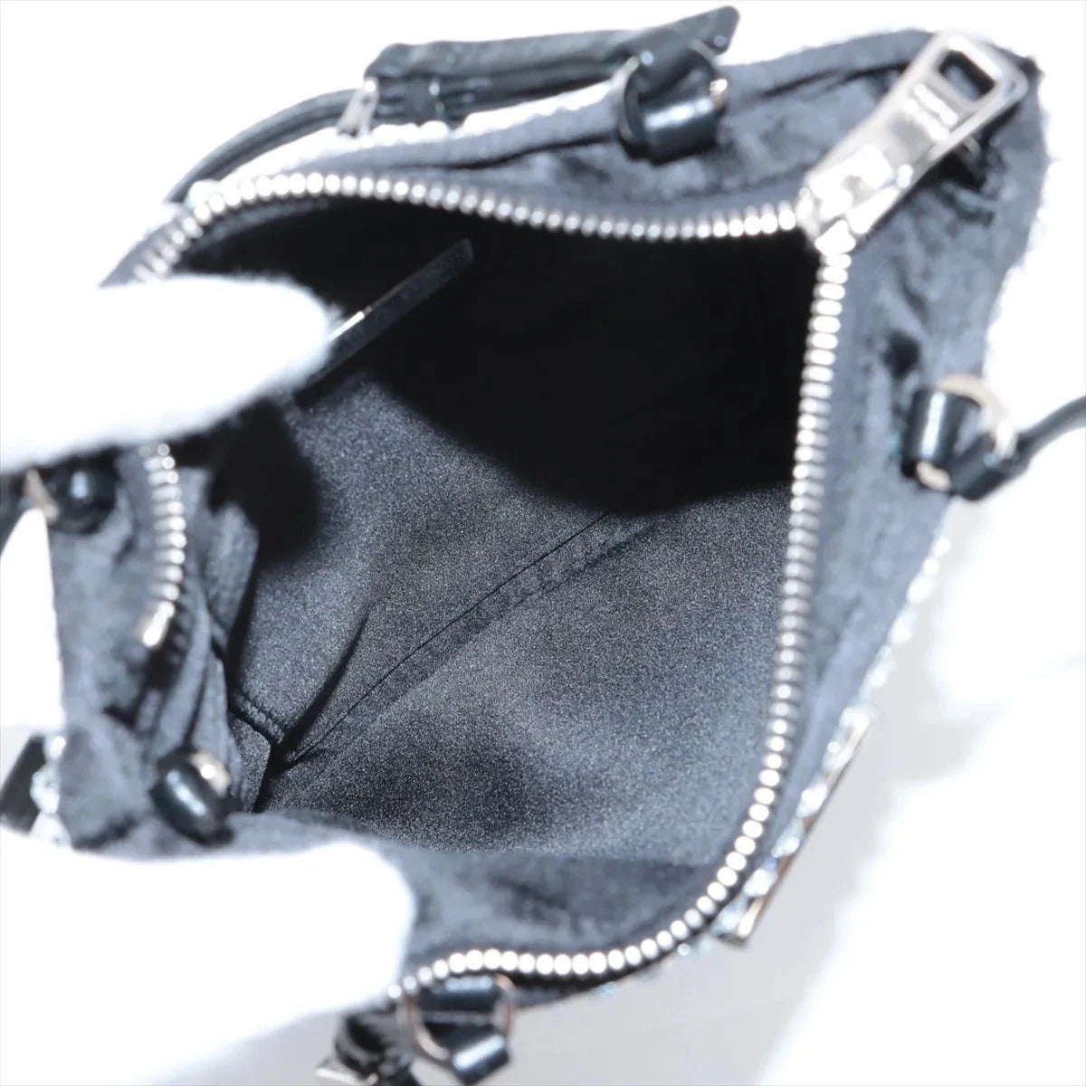 Pre-Loved Satin Crystal Tote Shoulder Bag Embellished Satin Small with Silver Hardware, Black
