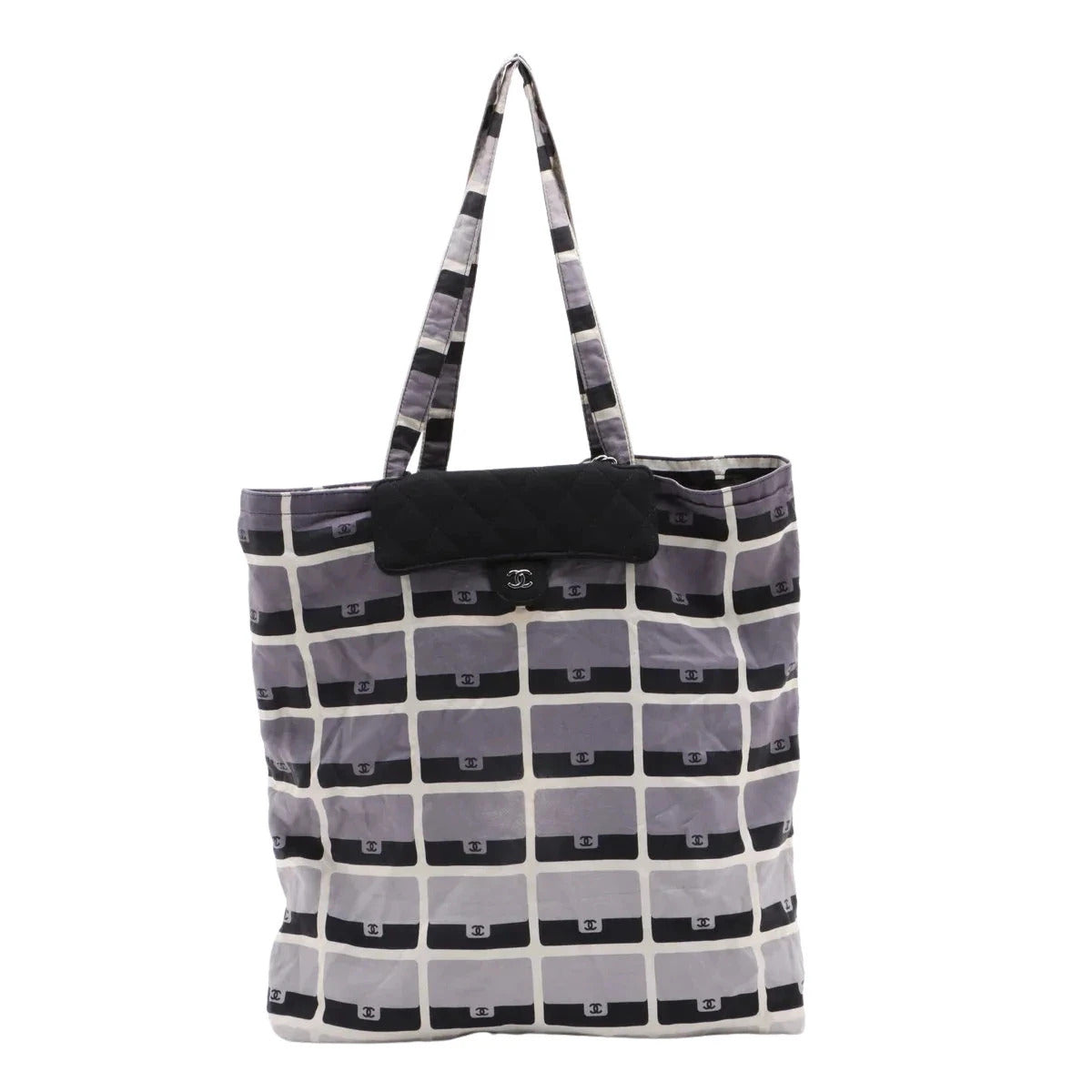 Pre-Loved Quilted Flap Bag with Foldable Tote Crossbody Bag Quilted Canvas Mini with Silver Hardware, Black