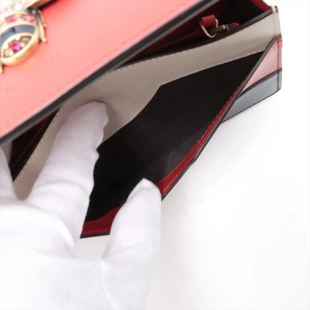 Pre-Loved Queen Margaret Wallet on Chain Crossbody Bag Leather Mini with Aged Gold Hardware, White, Red, and Navy Blue