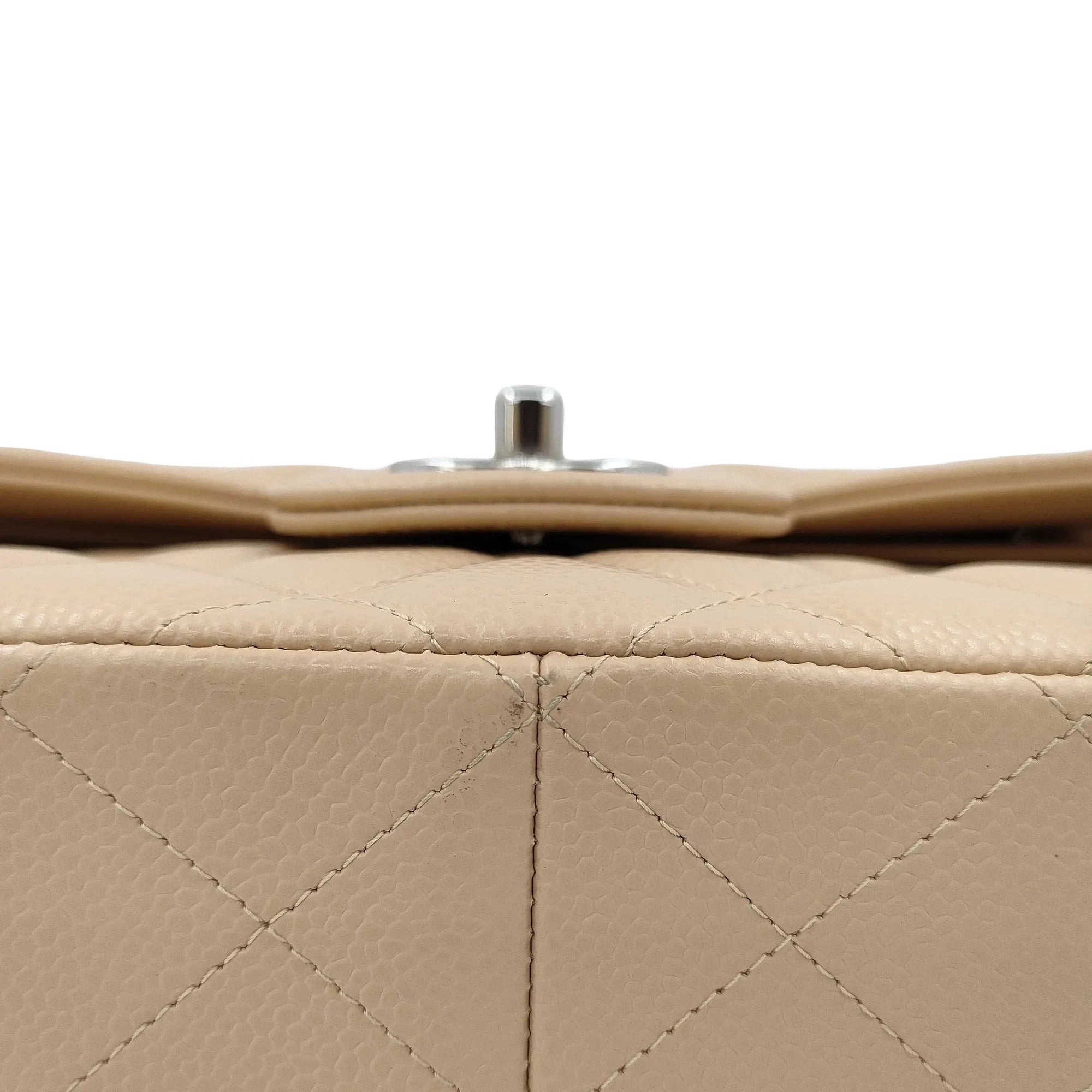 Pre-Loved Classic Double Flap Shoulder Bag Quilted Leather Jumbo with Silver Hardware, Beige