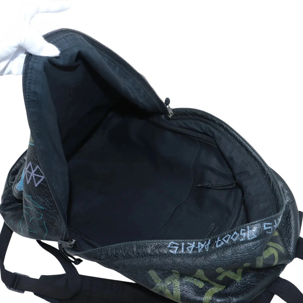 Pre-Loved Explorer Graffiti Backpack Graffiti Leather with Silver Hardware, Black