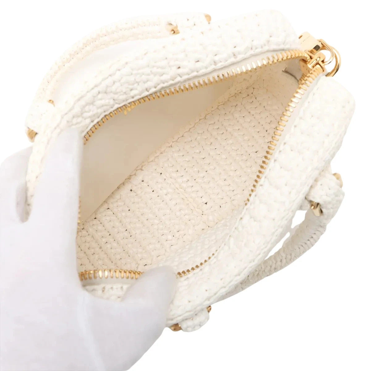 Pre-Loved Crochet Bowling Bag Handbag Crochet Raffia Mini with Gold Hardware, White