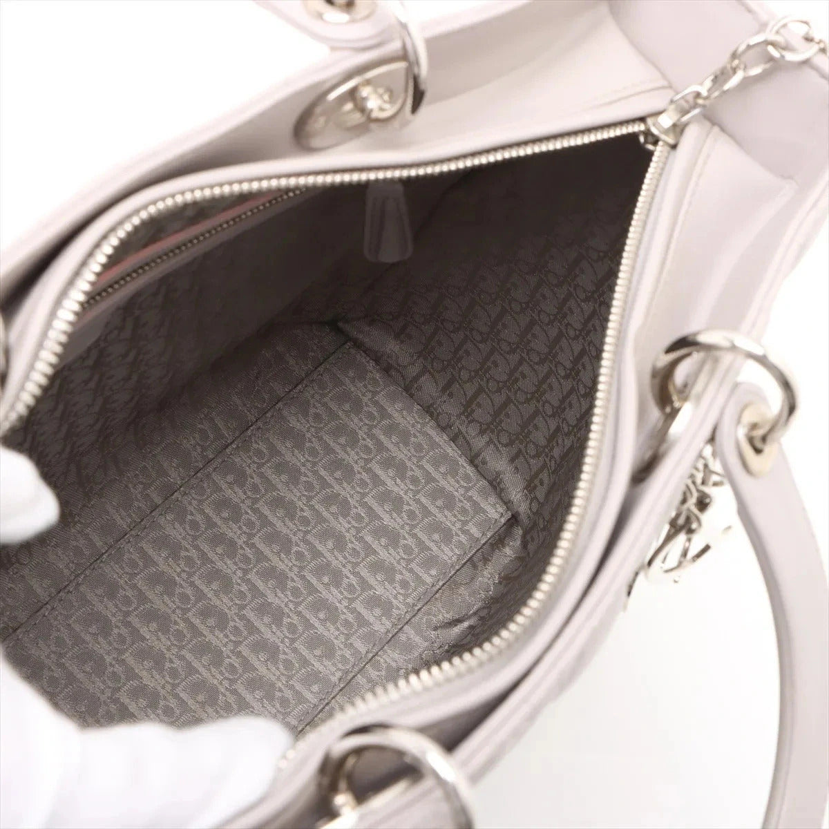 Pre-Loved Lady Dior Handbag Cannage Leather Large with Silver Hardware, Grey