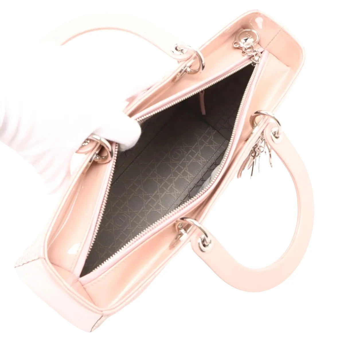 Pre-Loved Lady Dior Handbag Cannage Patent Leather Large with Silver Hardware, Pink