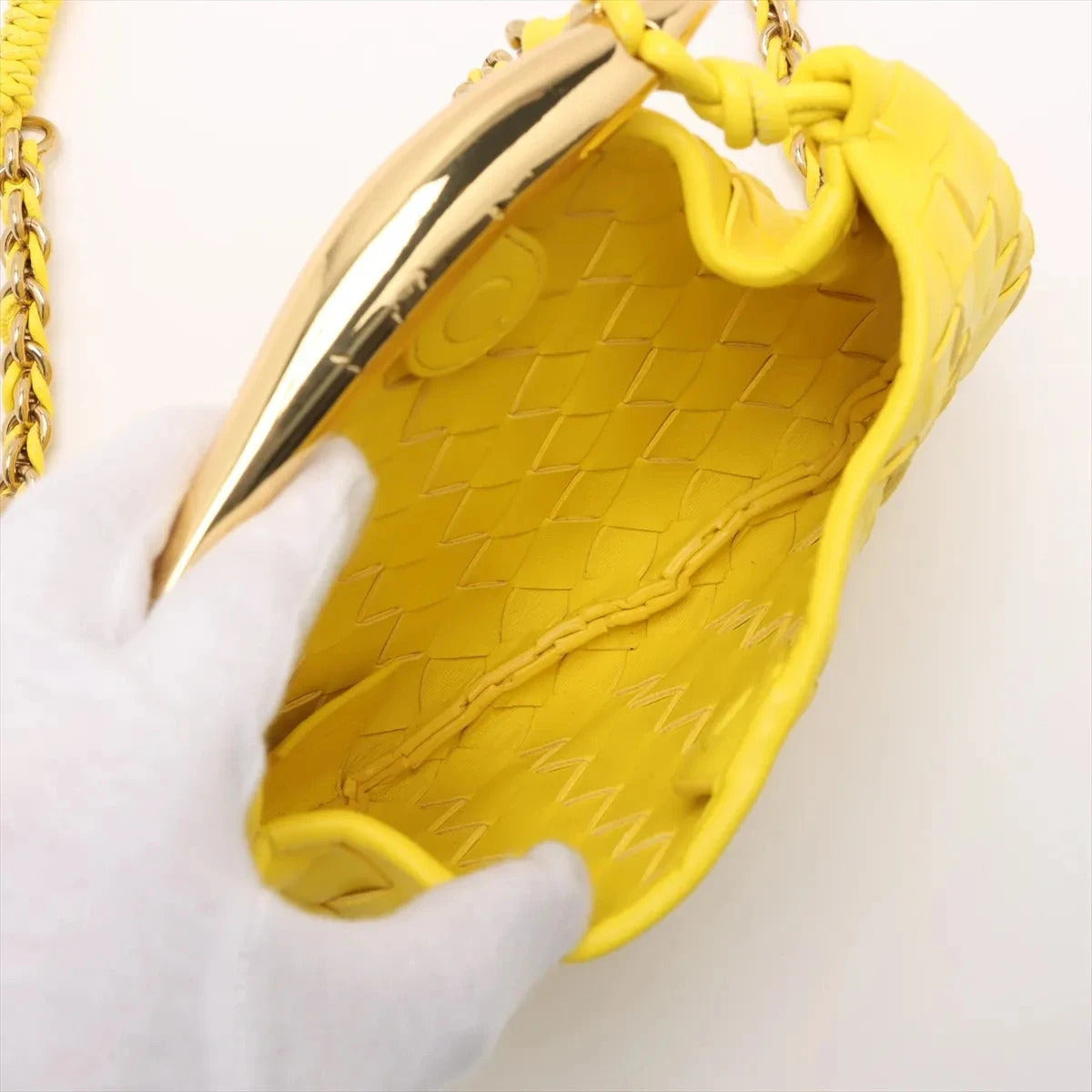 Pre-Loved Sardine Mini Shoulder Bag Intrecciato Leather Mini with Gold Hardware, Yellow